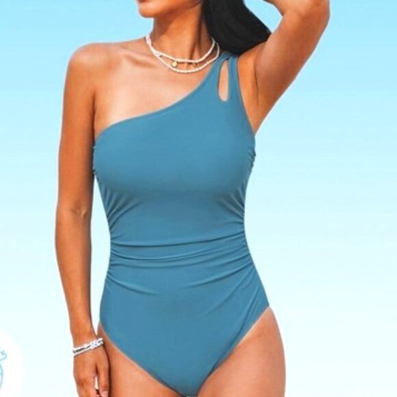 Cupshe Other - CUPSHE SLATE BLUE RUCHED CUT OUT ONE SHOULDER TUMMY CONTROL SWIMSUIT SZ MED NWT